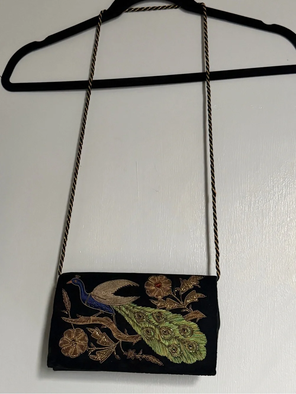 Peacock vintage Embroidered Black Velvet Evening Clutch